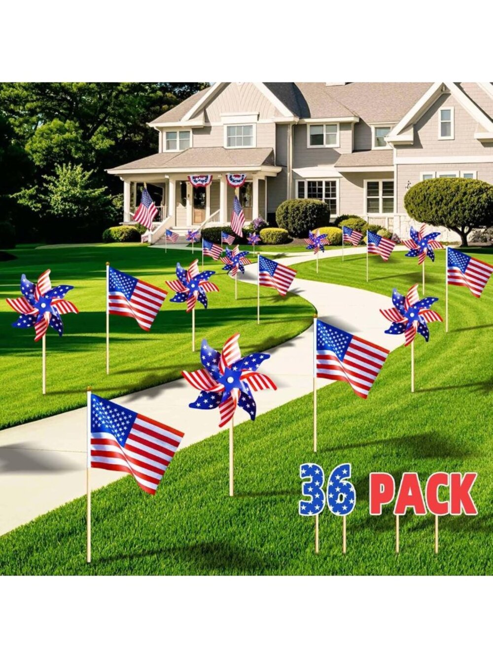 36 Pcs Patriotic 4th of July Decorations - Red White Blue Pinwheels & Flags